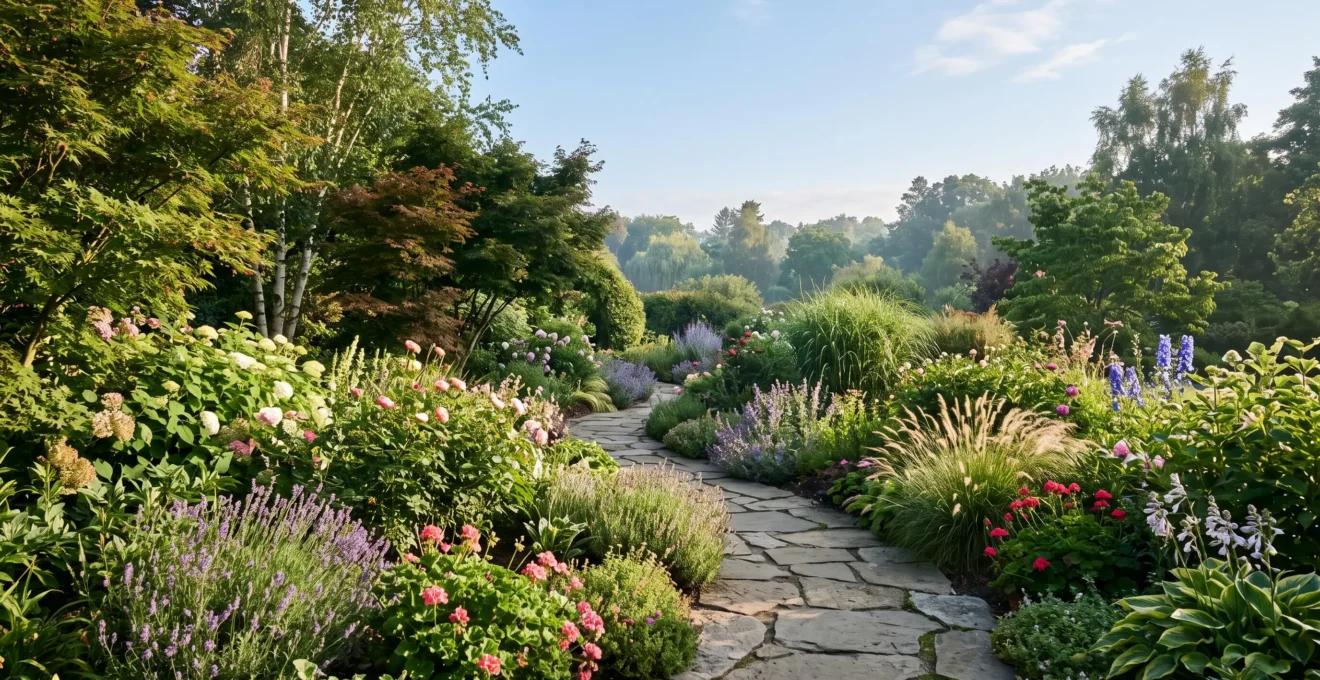 Allée de jardin sinueuse en pierre naturelle traversant des massifs fleuris et disparaissant derrière la végétation