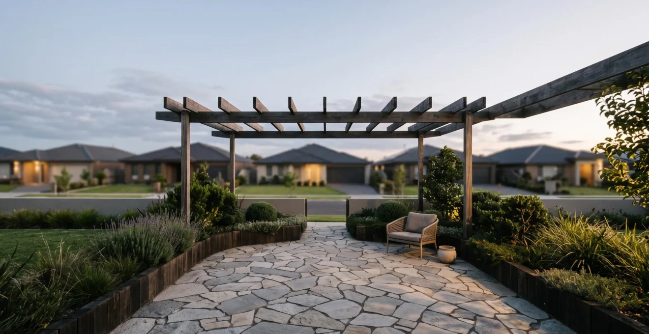 Terrasse contemporaine à l'aménagement exclusif avec calepinage sur-mesure et jeu d'ombre et lumière, se démarquant du voisinage