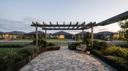 Terrasse contemporaine à l'aménagement exclusif avec calepinage sur-mesure et jeu d'ombre et lumière, se démarquant du voisinage