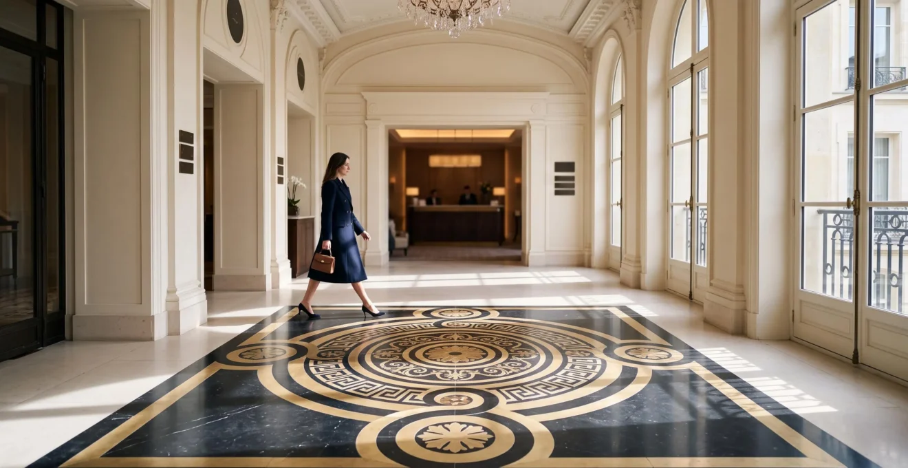 Sas d'entrée d'un hôtel de luxe avec un dallage en marbre et laiton au motif géométrique sur-mesure
