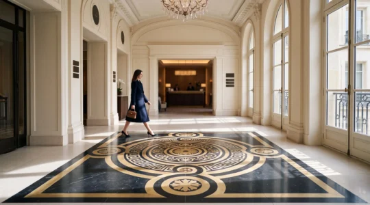Sas d'entrée d'un hôtel de luxe avec un dallage en marbre et laiton au motif géométrique sur-mesure