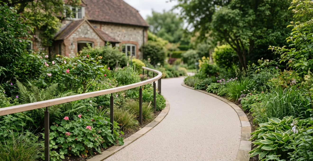 Allée de jardin large et sans ressaut, bordée de végétation, illustrant un cheminement accessible aux personnes à mobilité réduite