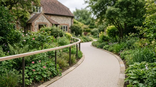 Allée de jardin large et sans ressaut, bordée de végétation, illustrant un cheminement accessible aux personnes à mobilité réduite
