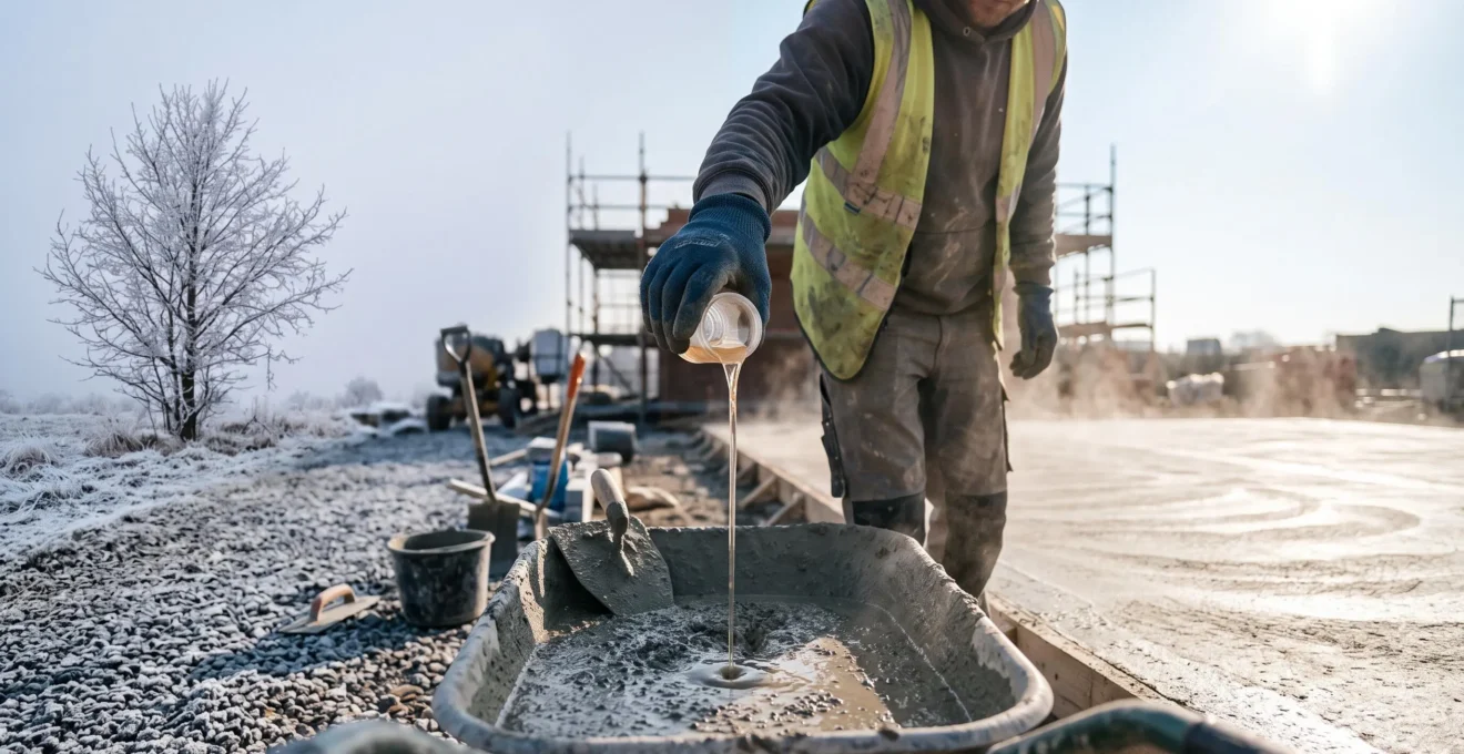 Ouvrier maçon versant un adjuvant liquide dans une bétonnière sur un chantier extérieur, entre gel et chaleur