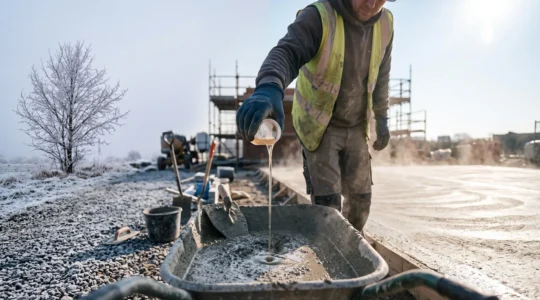 Ouvrier maçon versant un adjuvant liquide dans une bétonnière sur un chantier extérieur, entre gel et chaleur