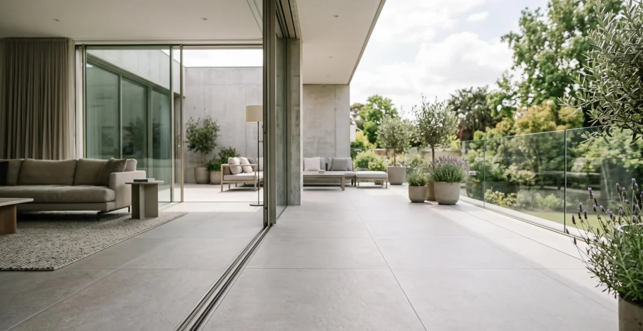 Salon lumineux ouvert sur une terrasse par une grande baie vitrée, sol en grès cérame identique à l'intérieur et à l'extérieur créant une continuité visuelle parfaite