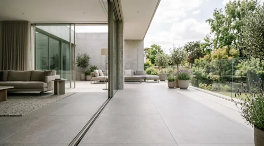 Salon lumineux ouvert sur une terrasse par une grande baie vitrée, sol en grès cérame identique à l'intérieur et à l'extérieur créant une continuité visuelle parfaite