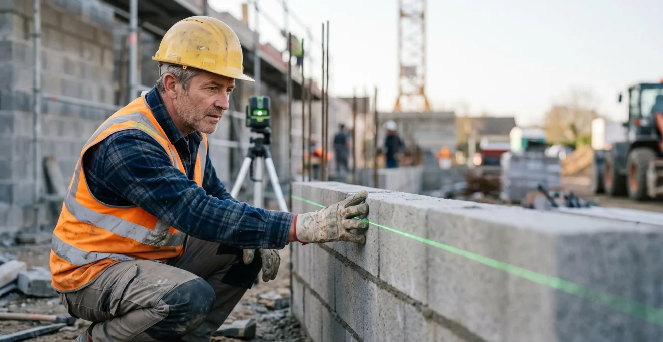 Chef de chantier vérifiant l'alignement d'un mur en parpaings avec un niveau laser sur un chantier de maçonnerie en cours de construction