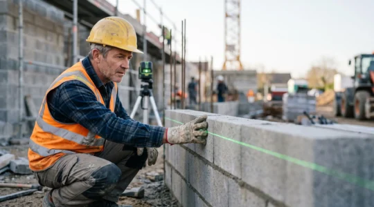 Chef de chantier vérifiant l'alignement d'un mur en parpaings avec un niveau laser sur un chantier de maçonnerie en cours de construction