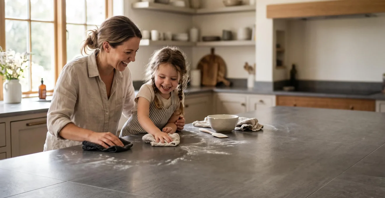 Cuisine familiale moderne avec dalles XXL grès cérame résistantes aux taches, sol et crédence assortis