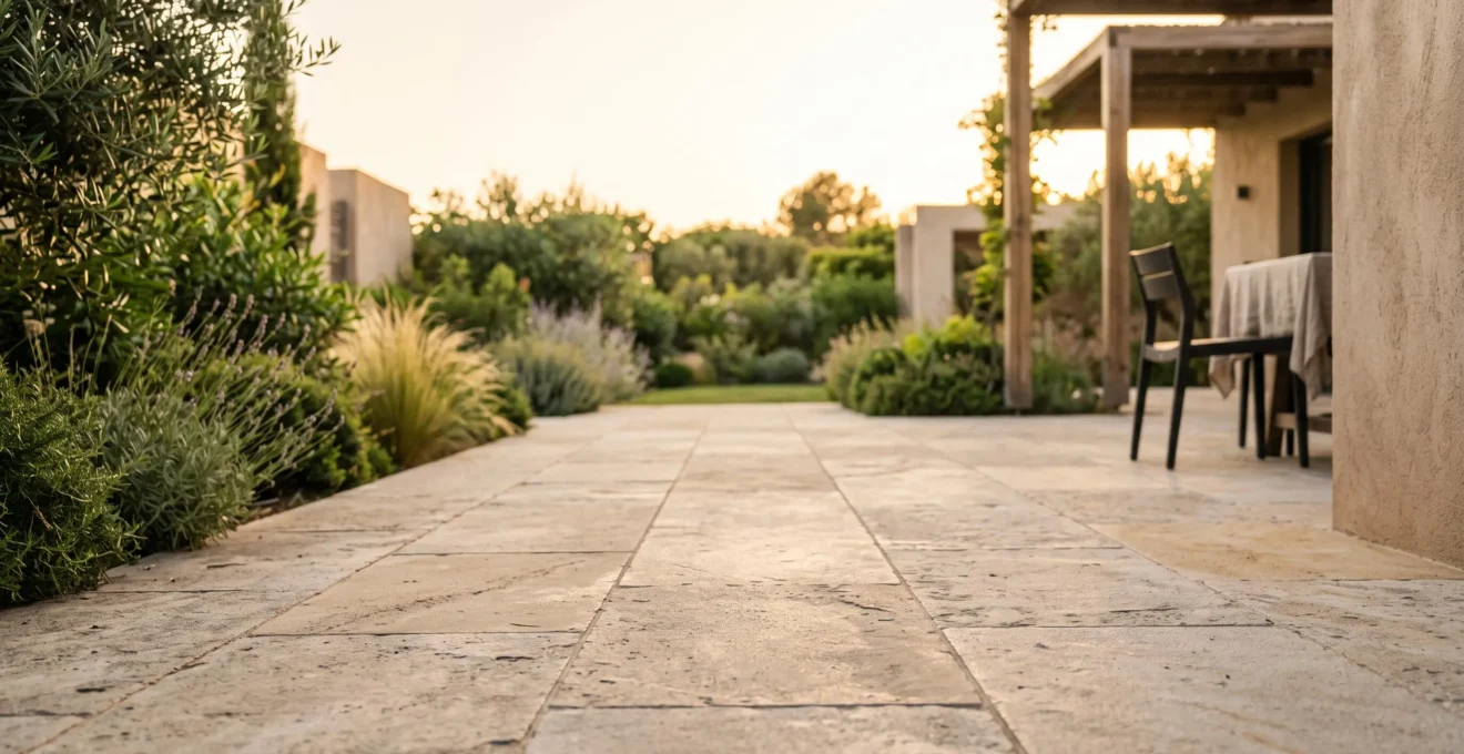 Terrasse en dallage élégant illustrant la durabilité et la solidité d'un aménagement extérieur sur le long terme