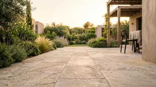 Terrasse en dallage élégant illustrant la durabilité et la solidité d'un aménagement extérieur sur le long terme