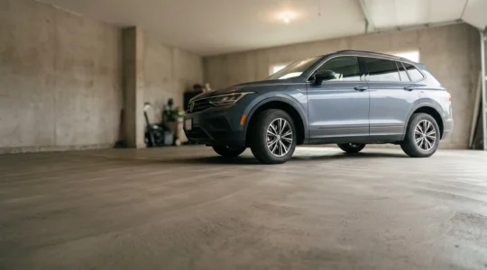 SUV garé sur une dalle de béton neuve et lisse dans un garage résidentiel, illustrant la robustesse du sol face à une charge lourde