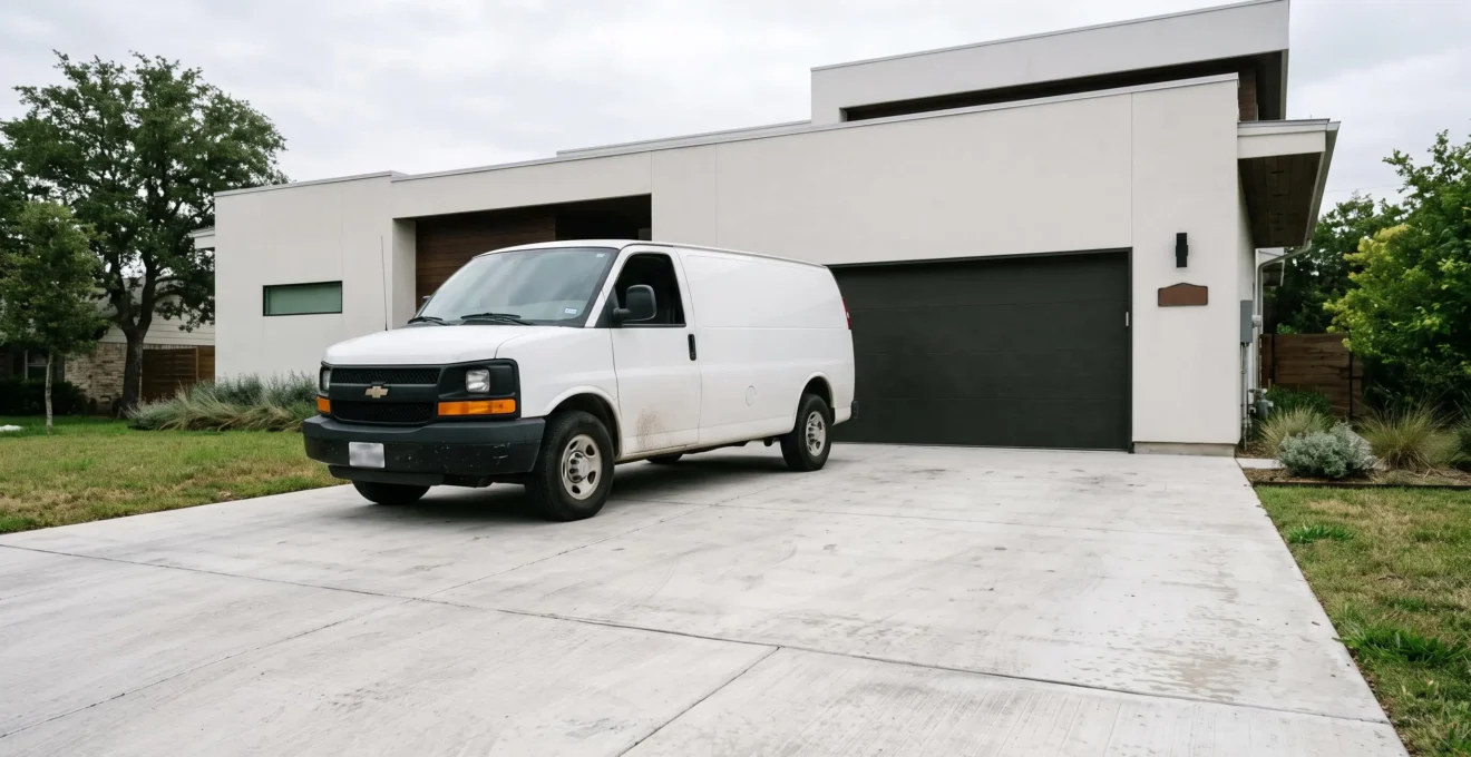 Vue large d'une dalle en béton fraîchement coulée devant un garage, avec un utilitaire stationné, illustrant la solidité d'un dallage bien dimensionné