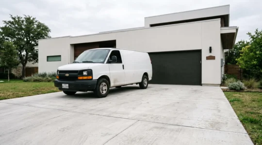 Vue large d'une dalle en béton fraîchement coulée devant un garage, avec un utilitaire stationné, illustrant la solidité d'un dallage bien dimensionné