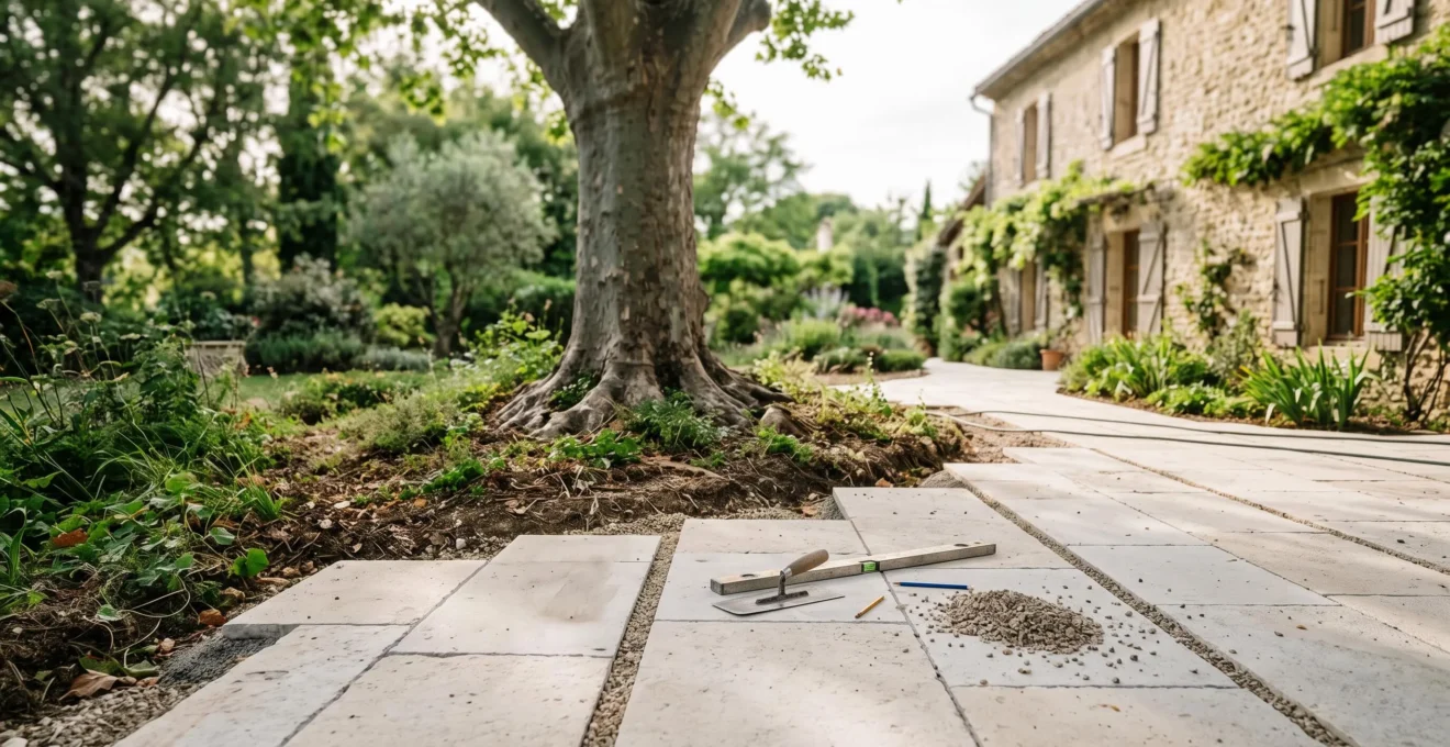 Terrasse en dalles naturelles à faible empreinte carbone intégrée dans un jardin verdoyant lors d'une rénovation écologique