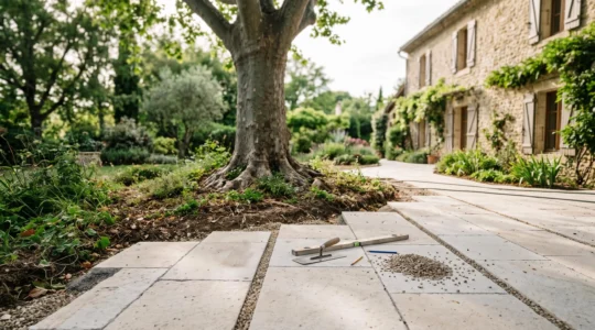 Terrasse en dalles naturelles à faible empreinte carbone intégrée dans un jardin verdoyant lors d'une rénovation écologique