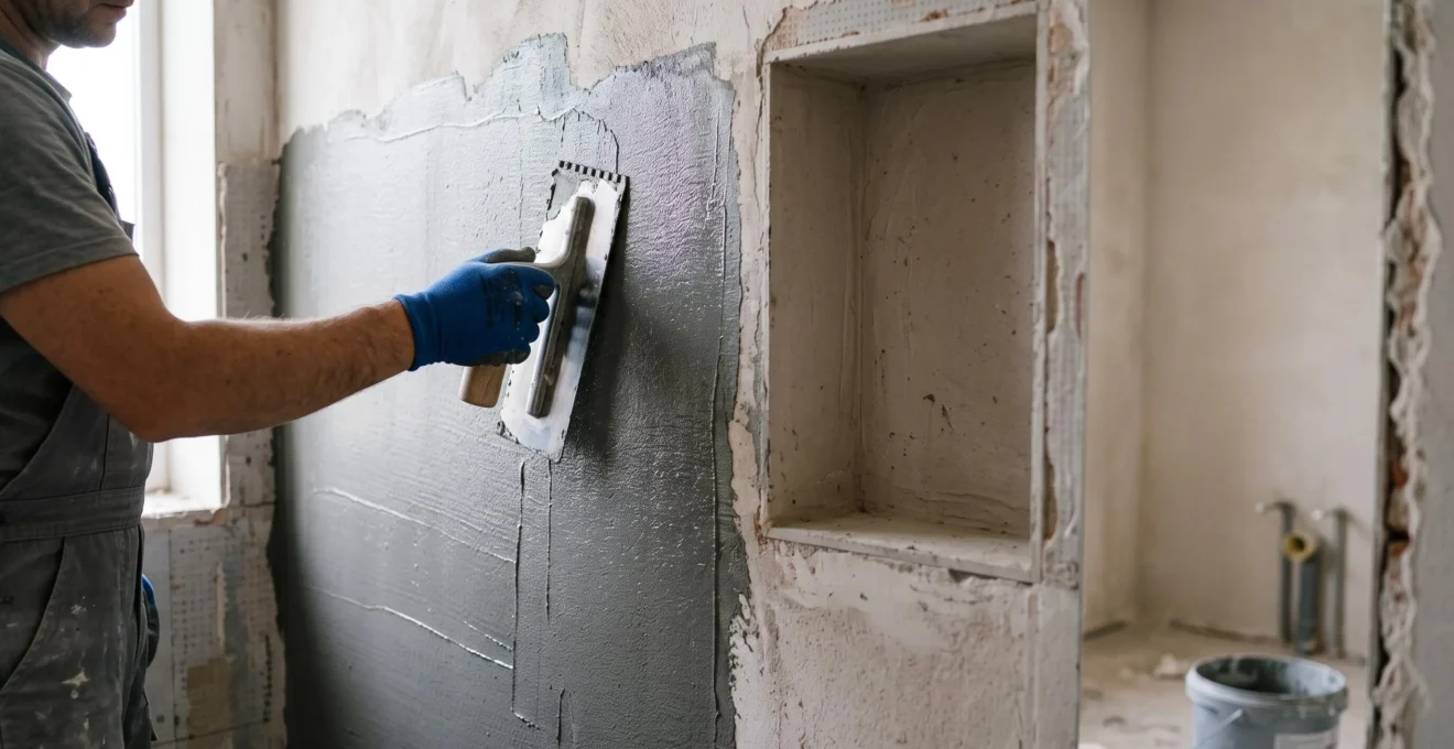 Artisan appliquant une résine d'étanchéité sur un mur de douche avant la pose de dalles, dans une salle de bain en cours de rénovation