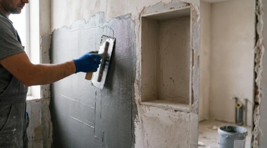 Artisan appliquant une résine d'étanchéité sur un mur de douche avant la pose de dalles, dans une salle de bain en cours de rénovation