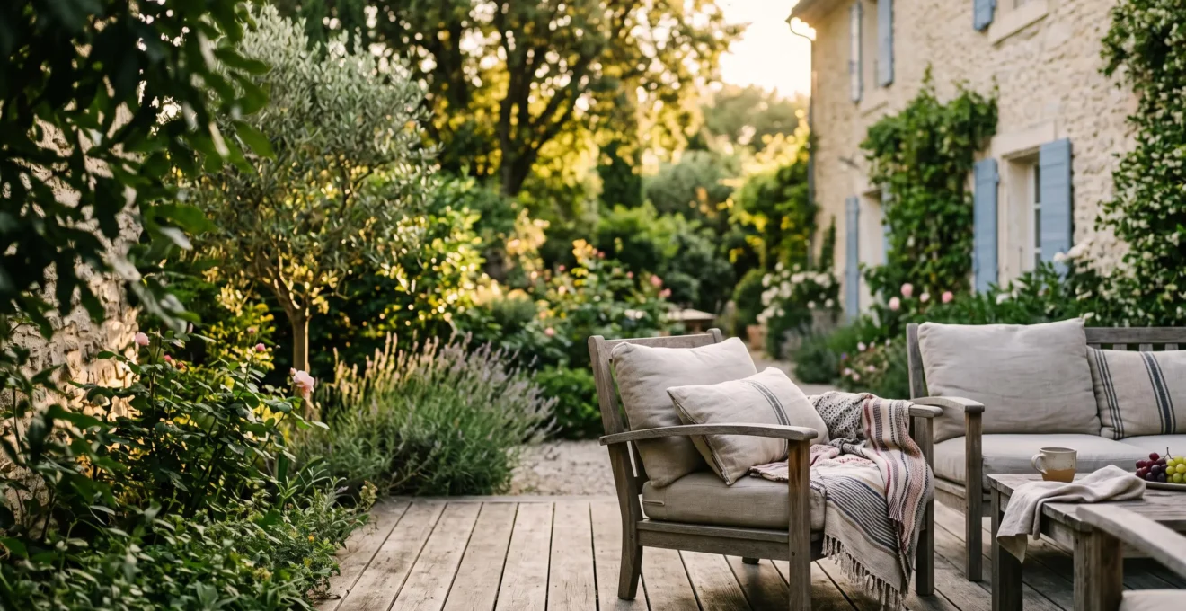 Famille réunie autour d'une table extérieure sur une terrasse aménagée et chaleureuse en fin de journée