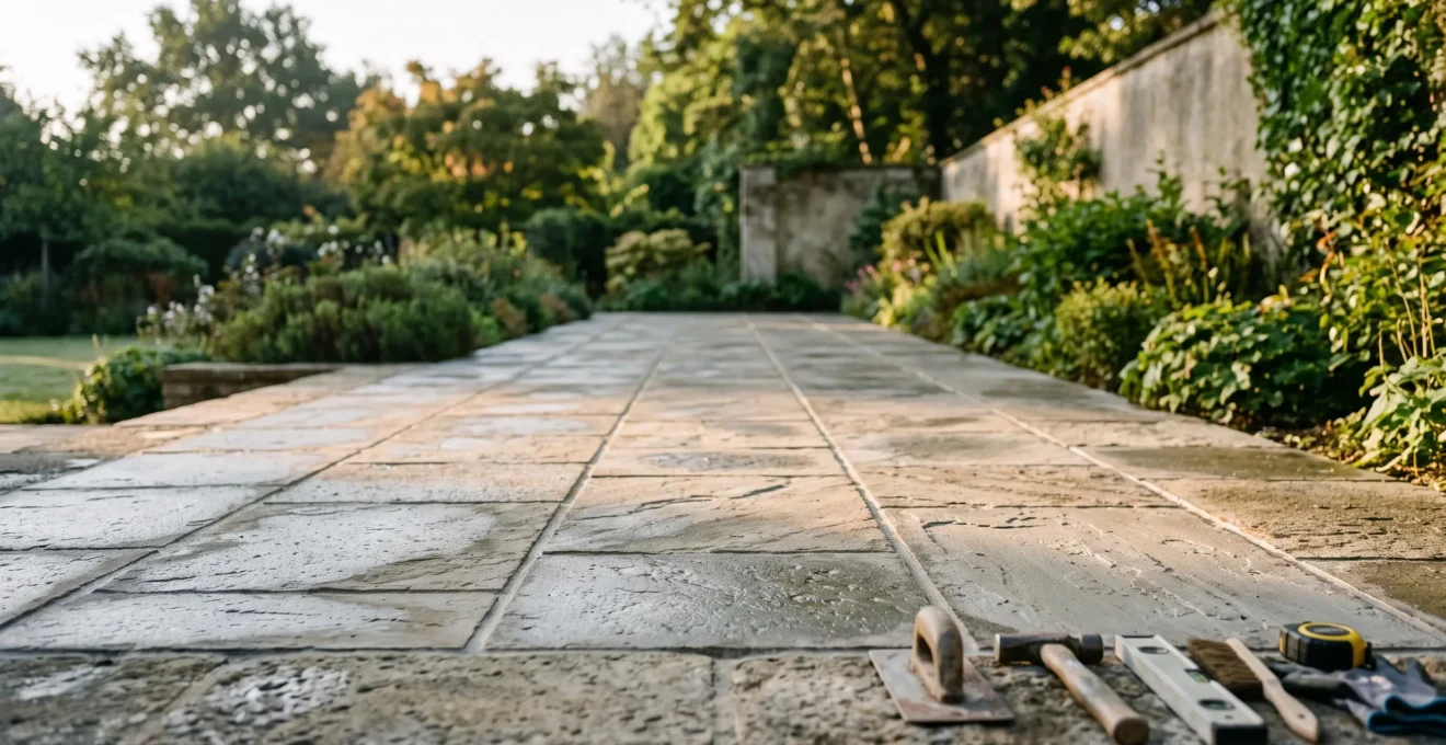Terrasse en pierre naturelle avec des dalles parfaitement alignées et des joints nets, illustrant une finition digne d'un chantier professionnel