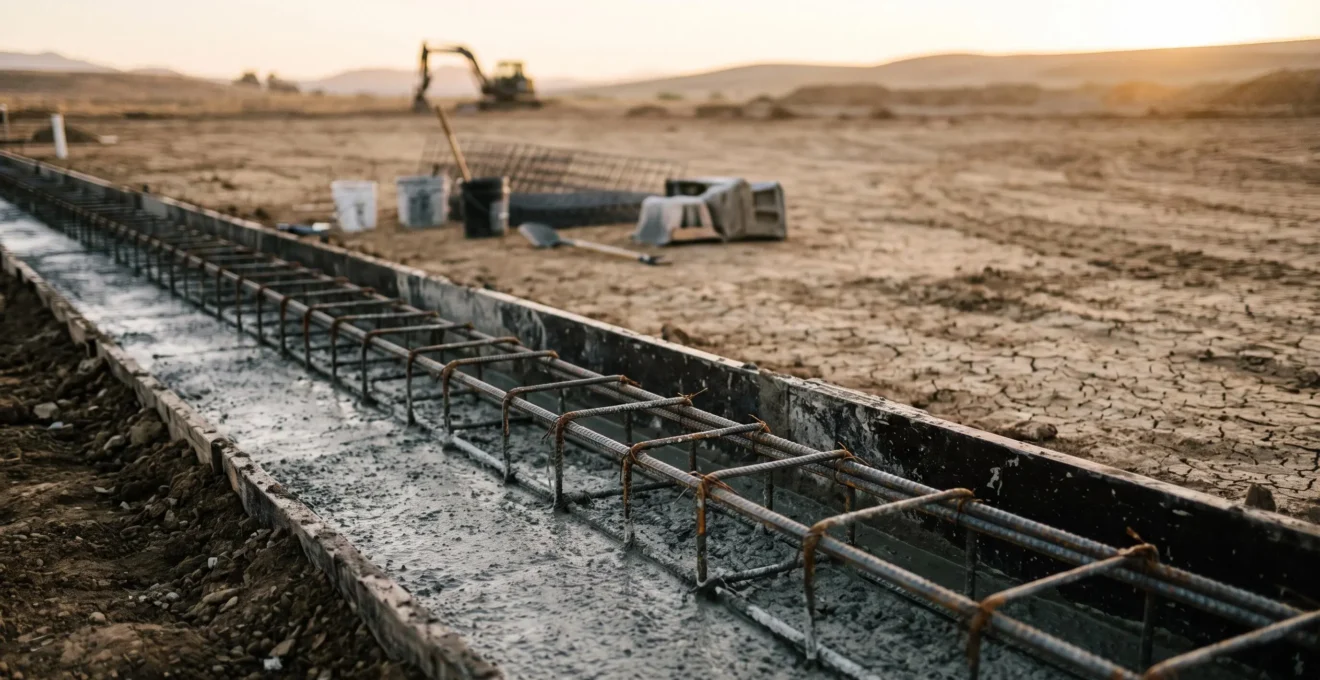 Fondation en béton armé fraîchement coulée avec armatures apparentes contrastant avec un sol sec fissuré en arrière-plan