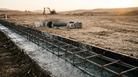 Fondation en béton armé fraîchement coulée avec armatures apparentes contrastant avec un sol sec fissuré en arrière-plan