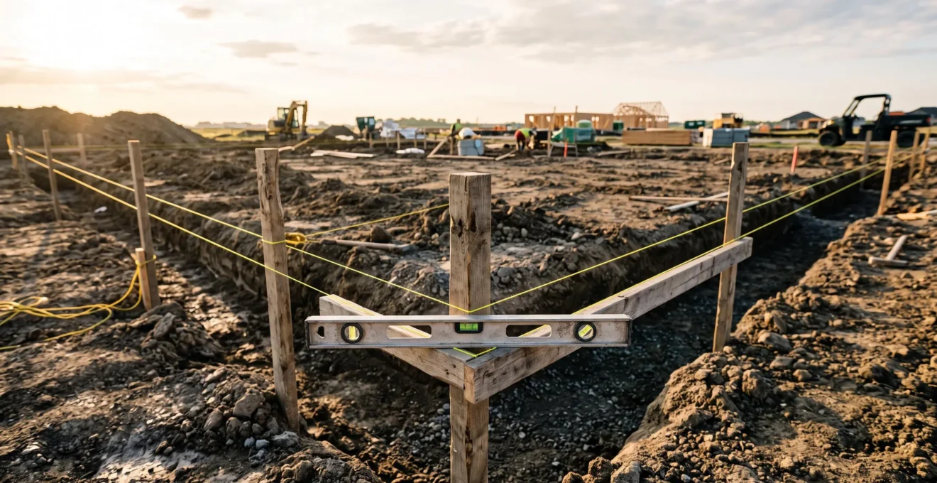 Chantier de fondation au lever du jour avec cordeaux de maçon tendus formant un angle parfaitement droit