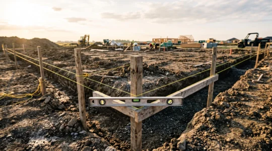 Chantier de fondation au lever du jour avec cordeaux de maçon tendus formant un angle parfaitement droit