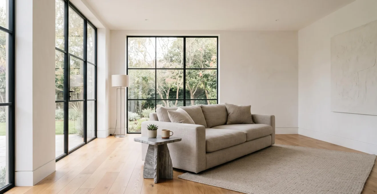 Salon contemporain épuré et chaleureux baigné de lumière naturelle, illustrant un style intemporel pensé pour séduire les futurs acheteurs