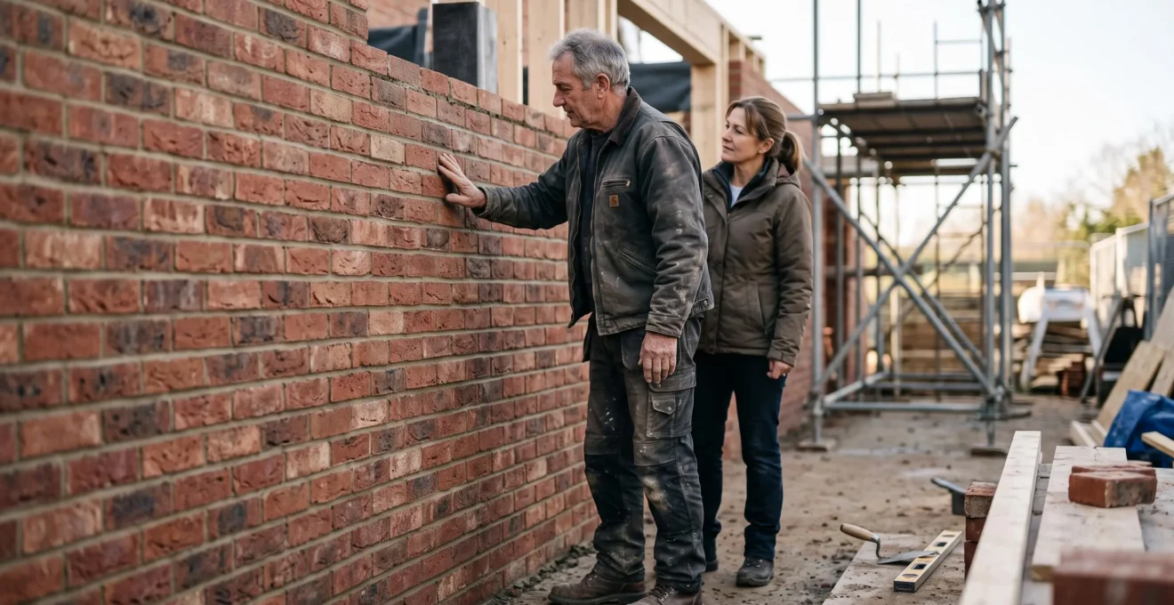 Maçon expérimenté examinant la structure d'une extension de maison en cours de construction, gage de confiance pour l'assurance dommages-ouvrage