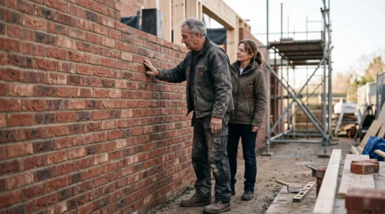 Maçon expérimenté examinant la structure d'une extension de maison en cours de construction, gage de confiance pour l'assurance dommages-ouvrage
