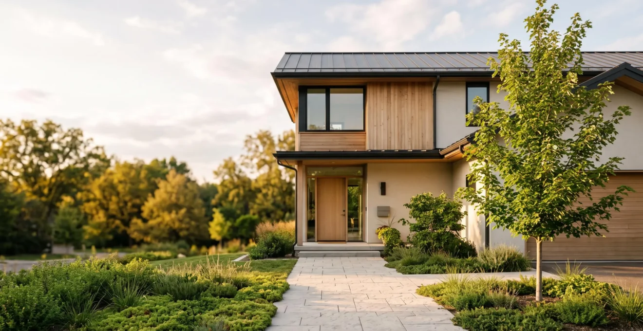Maison contemporaine entouree d'une allee en dalles claires et de vegetation, illustrant les revetements ecologiques exiges par la RE2020