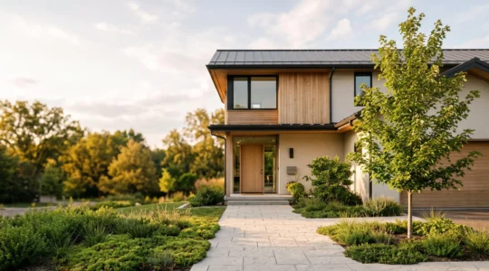 Maison contemporaine entouree d'une allee en dalles claires et de vegetation, illustrant les revetements ecologiques exiges par la RE2020