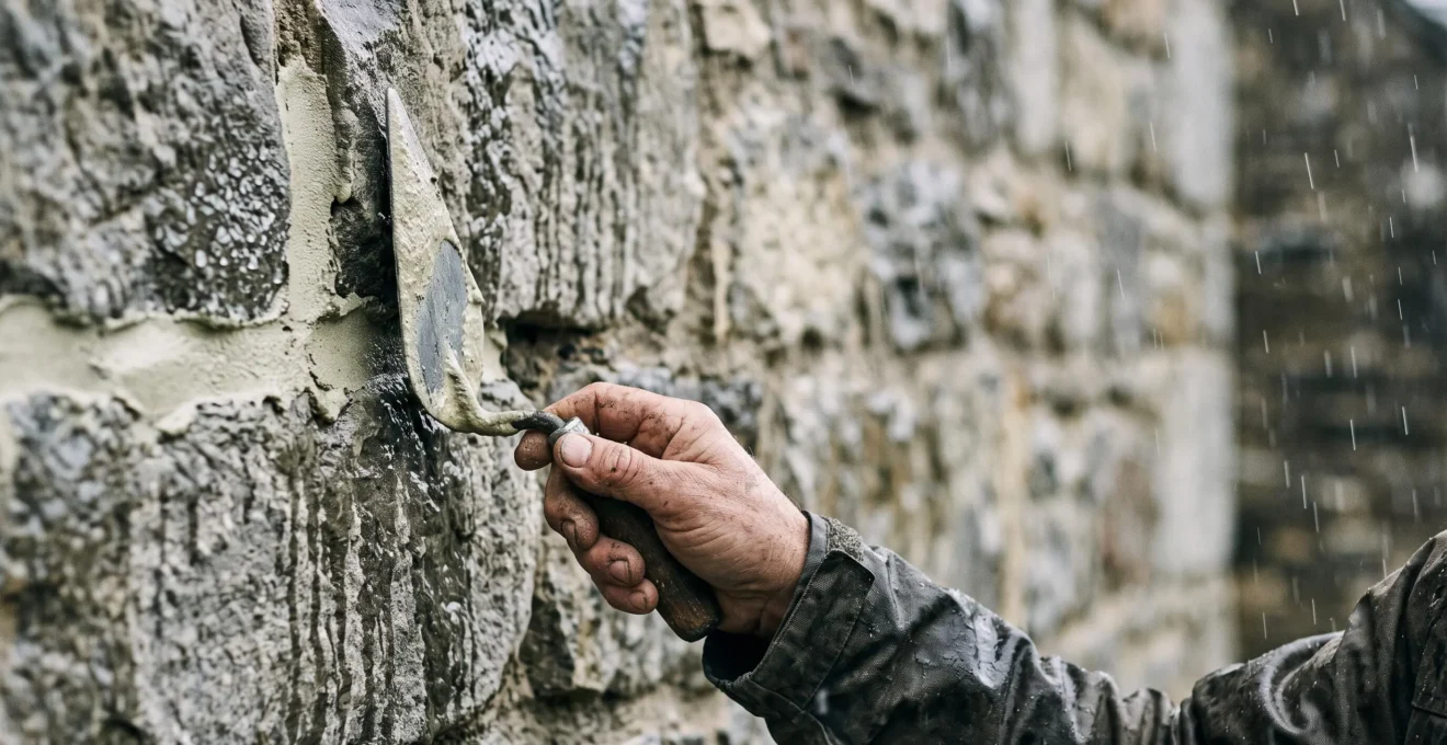 Artisan appliquant un joint de chaux sur un mur en pierre ancien sous une pluie battante