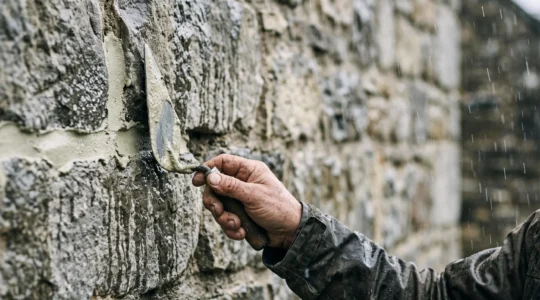 Artisan appliquant un joint de chaux sur un mur en pierre ancien sous une pluie battante