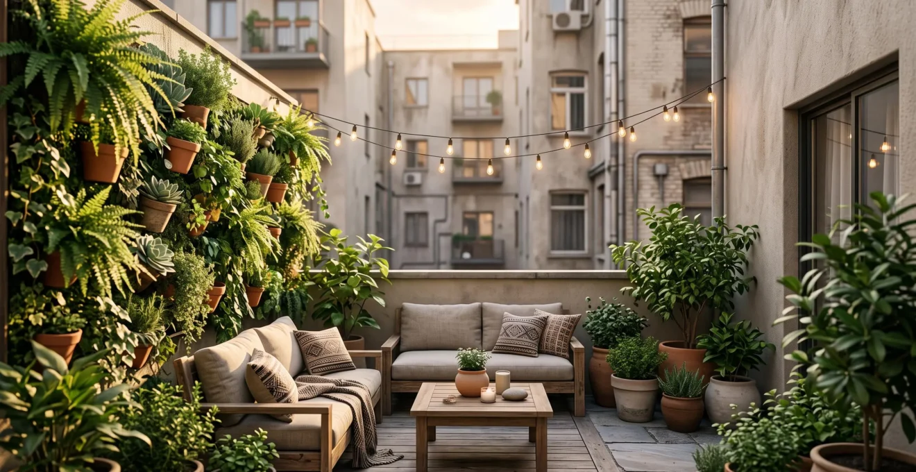 Petit patio urbain de 12 m2 transforme en oasis verdoyante avec coin salon et mur vegetal