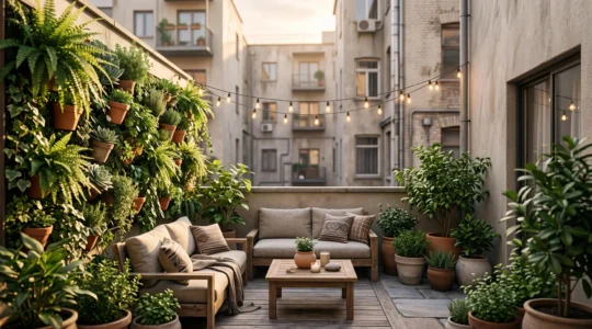 Petit patio urbain de 12 m2 transforme en oasis verdoyante avec coin salon et mur vegetal