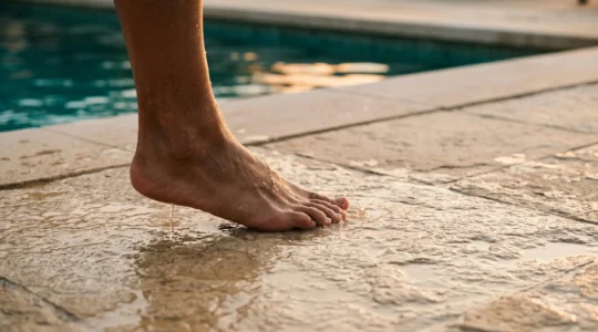 Pied nu posé en toute confiance sur une dalle de plage de piscine mouillée et texturée, illustrant la sécurité antidérapante