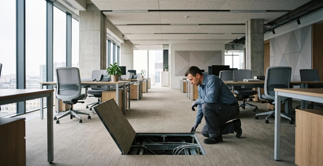 Plancher technique à dalles amovibles dans un bureau moderne, une dalle soulevée révélant l'espace technique sous le sol