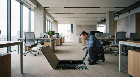 Plancher technique à dalles amovibles dans un bureau moderne, une dalle soulevée révélant l'espace technique sous le sol