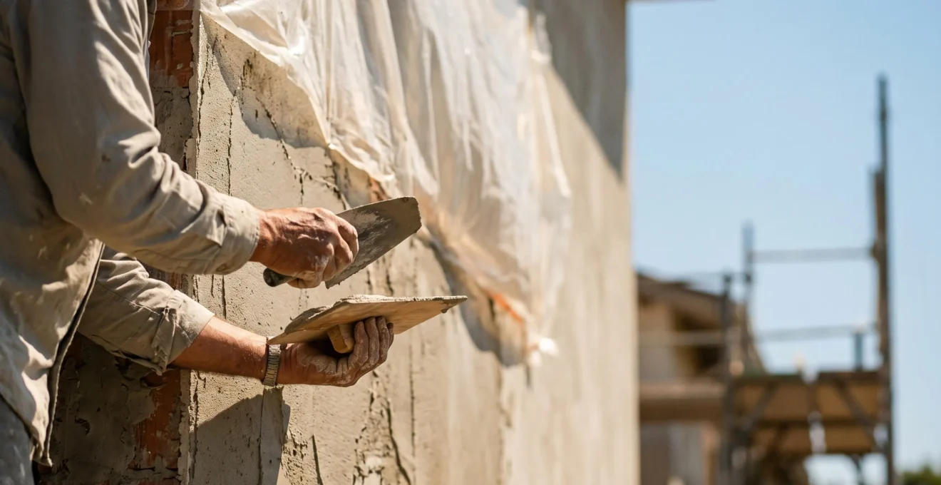 Maçon appliquant un enduit frais sur une façade en plein été avec une bâche de protection visible en arrière-plan