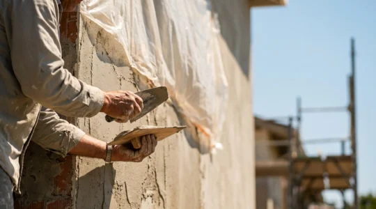 Maçon appliquant un enduit frais sur une façade en plein été avec une bâche de protection visible en arrière-plan