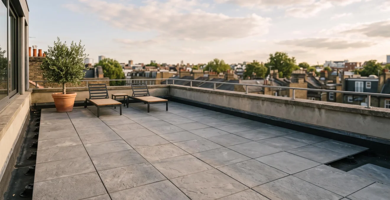 Vue d'ensemble d'un toit-terrasse residentiel amenage avec des dalles posees sur plots reglables, protegeant l'etancheite sous-jacente