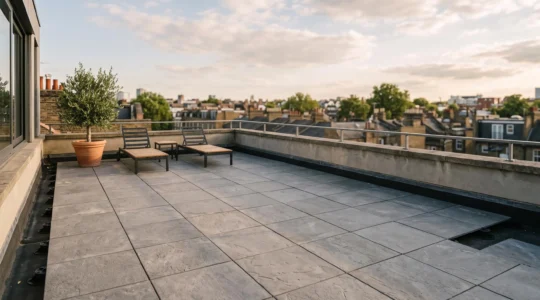 Vue d'ensemble d'un toit-terrasse residentiel amenage avec des dalles posees sur plots reglables, protegeant l'etancheite sous-jacente