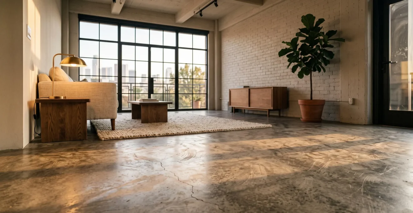 Salon de style loft avec sol en béton brut chaleureux, lumière dorée et matières nobles en contraste