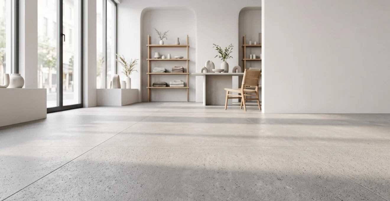 Sol commercial neuf et conforme aux normes ERP dans un espace de vente lumineux et épuré