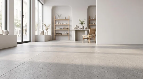 Sol commercial neuf et conforme aux normes ERP dans un espace de vente lumineux et épuré