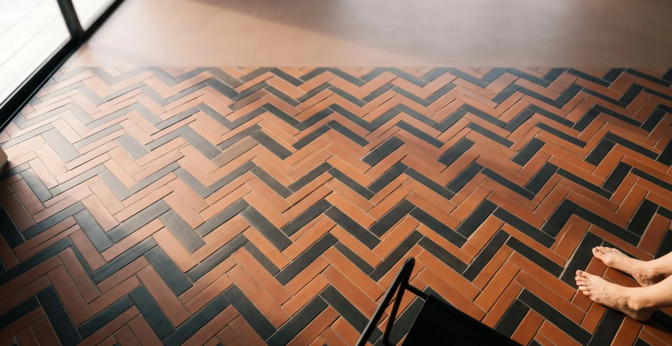 Sol intérieur composé d'un motif décoratif géométrique en chevron créant un effet visuel proche d'une œuvre d'art