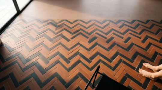 Sol intérieur composé d'un motif décoratif géométrique en chevron créant un effet visuel proche d'une œuvre d'art